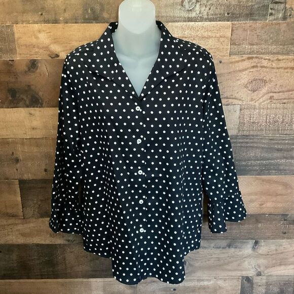 Foxcroft NYC Blouse Cotton Button Down Black White Polka Dots Fitted Size 14 - Picture 9 of 9
